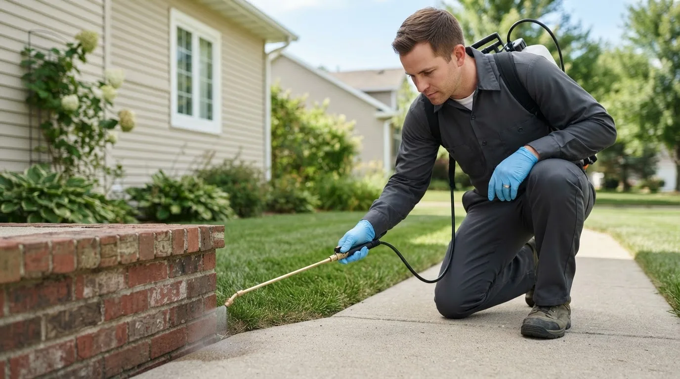 Pest control technician treating a home near Hoytville, OH