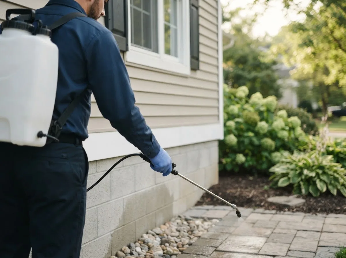 Pest control technician inspecting a home in Hoytville, OH